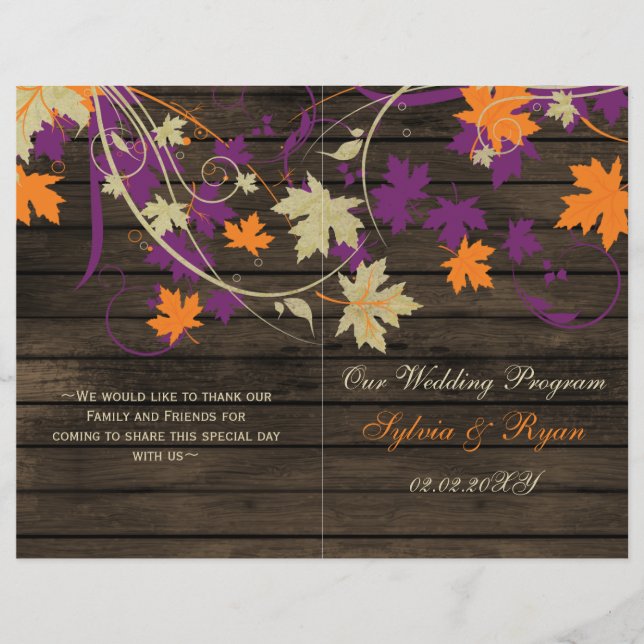 Barnwood Rustic plum fall wedding programs folded (Front)