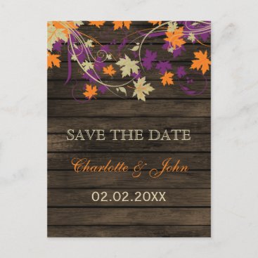 Barnwood Rustic plum leaves fall save the Date Announcement Postcard