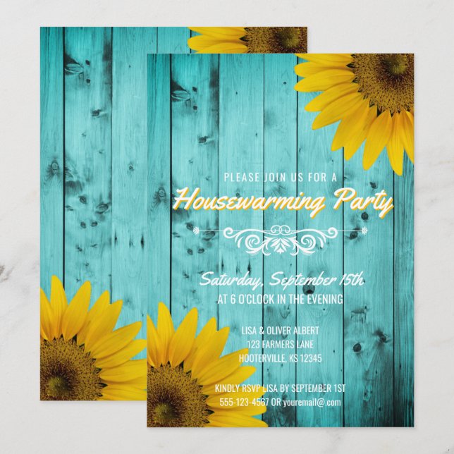 Barnwood Rustic Sunflowers Teal Housewarming Party Invitation (Front/Back)