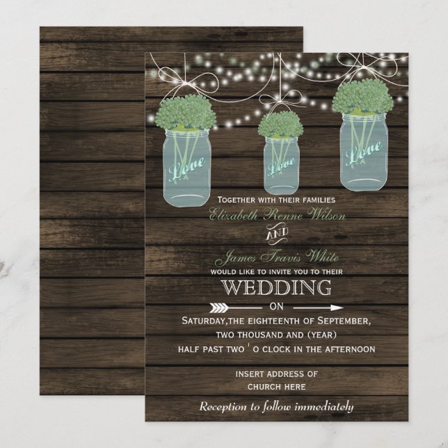 Barnwood, sage mason jar wedding invitations (Front/Back)