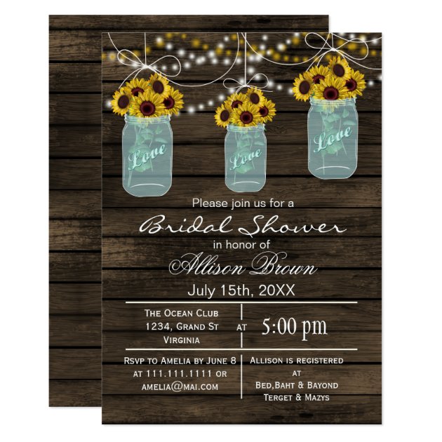 Barnwood Sunflowers Mason Jar Rustic Bridal Shower Invitation