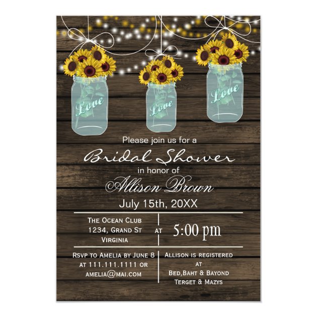 Barnwood Sunflowers Mason Jar Rustic Bridal Shower Invitation