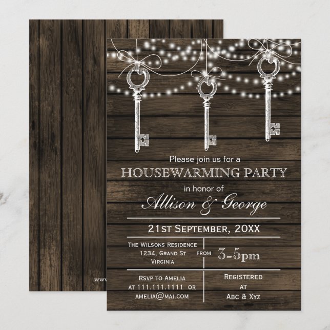 Barnwood vintage keys rustic housewarming invites (Front/Back)