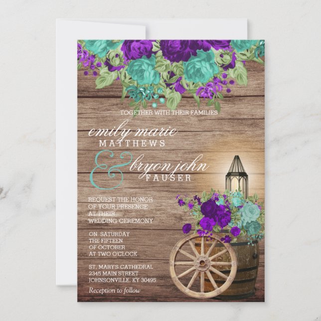 Barnwood with Dark Teal & Dark Purple Floral  Invitation (Front)