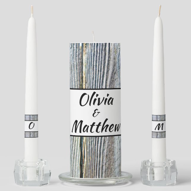 Barnwood wood grain tree bark rustic distressed  unity candle set (Front)