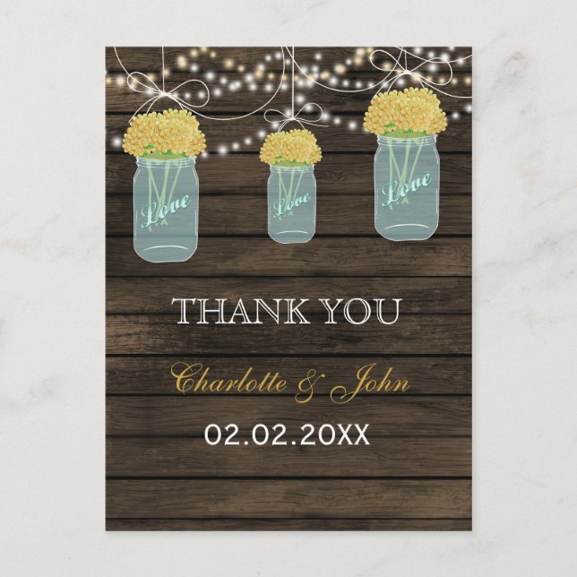 Barnwood yellow flowers mason jars Thank You notes (Front)