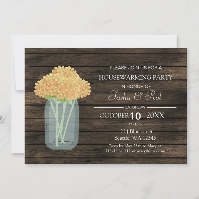 barnwood yellow mason jar Housewarming Invite (Front)