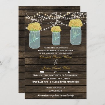 Barnwood, yellow mason jar wedding invitation