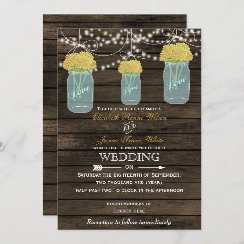 Barnwood yellow mason jar wedding invitations