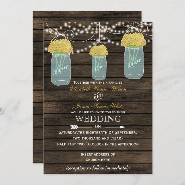Barnwood, yellow mason jar wedding invitations (Front/Back)