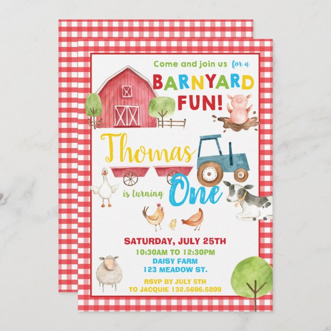 Barnyard 1st Birthday Party Cute Farm Animals Invitation (Front/Back)