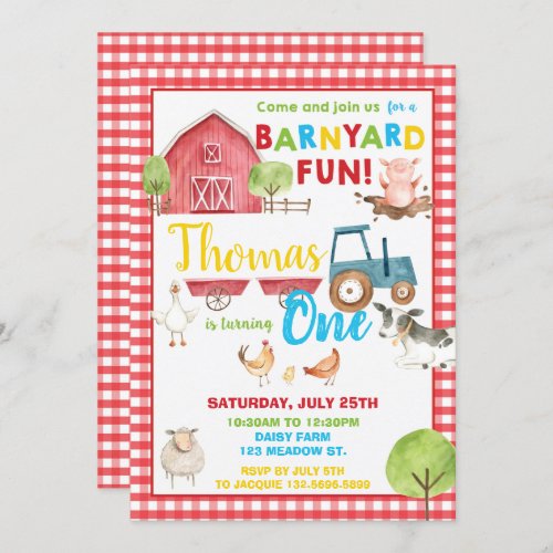 Barnyard 1st Birthday Party Cute Farm Animals Invitation