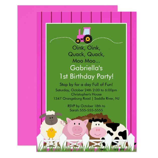 Barnyard Animal Fun Birthday Party Pink Girls Invitation
