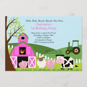 Barnyard Animal Fun Birthday Party Pink Girls Invitation