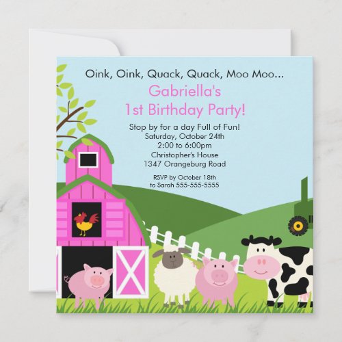 Barnyard Animal Fun Birthday Party Pink Girls Invitations