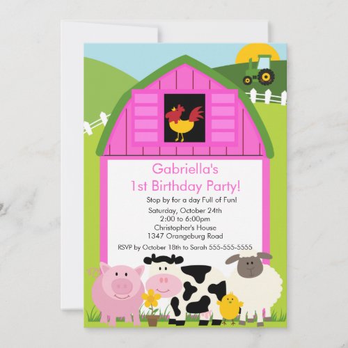 Barnyard Animal Fun Birthday Party Pink Girls Personalized Invitations