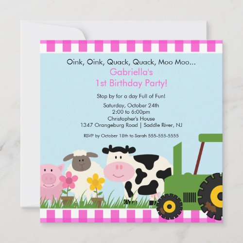 Barnyard Animal Fun Birthday Party Pink Girls Personalized Invites