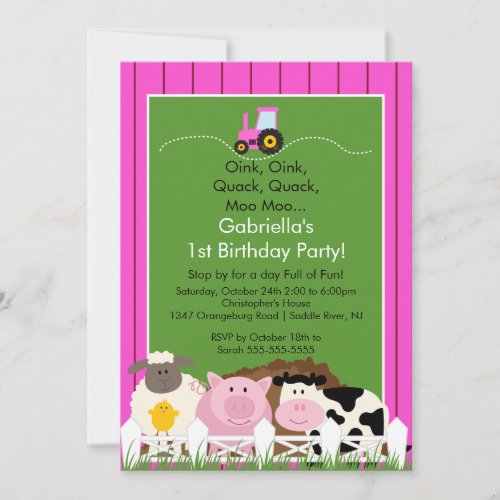 Barnyard Animal Fun Birthday Party Pink Girls Personalized Announcement