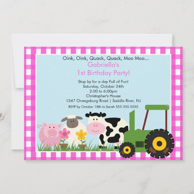 Barnyard Animal Fun Birthday Party Pink Girls Invitation (Front)