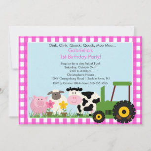 Barnyard Animal Fun Birthday Party Pink Girls Invitation