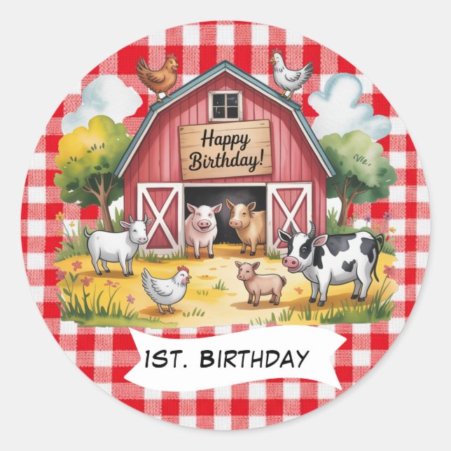 Barnyard Animals 1st. Birthday Party Classic Round Sticker (Front)