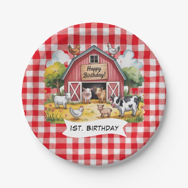 Barnyard Animals 1st. Birthday Party Paper Plates (Front)