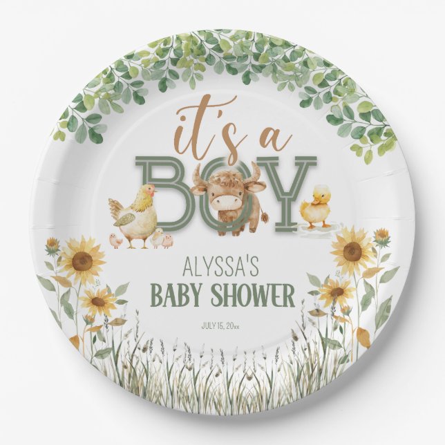 Barnyard Animals Baby Boy Baby Shower Paper Plates (Front)