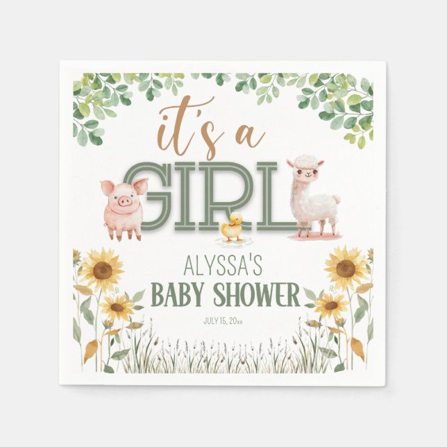 Barnyard Animals Baby Girl Baby Shower Napkins (Front)
