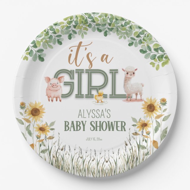 Barnyard Animals Baby Girl Baby Shower Paper Plates (Front)