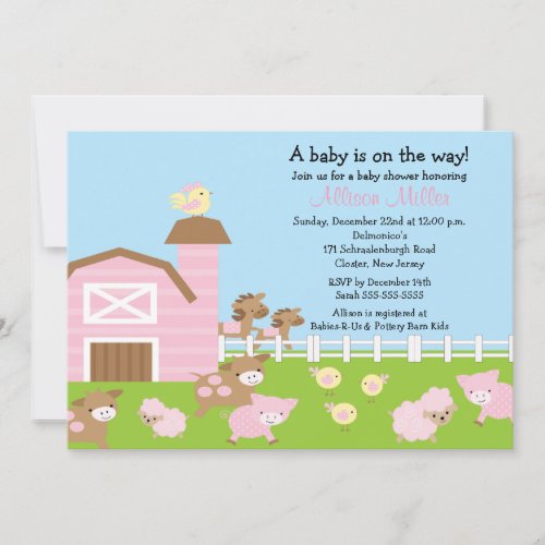 Barnyard Animals Baby Girl Shower Invitation
