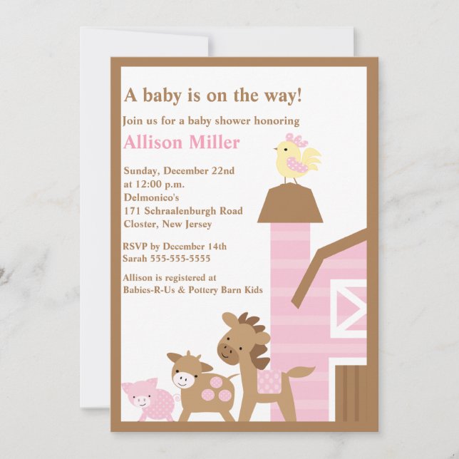 Barnyard Animals Baby Girl Shower Invitation (Front)