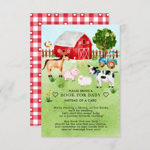 Barnyard Animals Baby Shower Book for Baby Enclosure Card - Adorable farm animals design featuring a horse, pig, sheep cow, ducks, chickens and roaster for a girls, boys or neutral baby shower.
Matching items available in our shop.