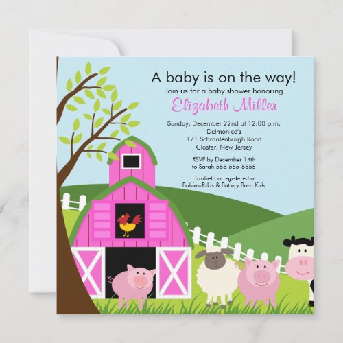 Barnyard Animals Baby Shower Invitation for girls