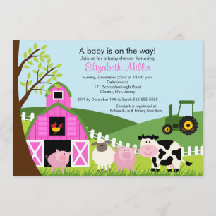 Barnyard Animals Baby Shower Invitation Pink Girl