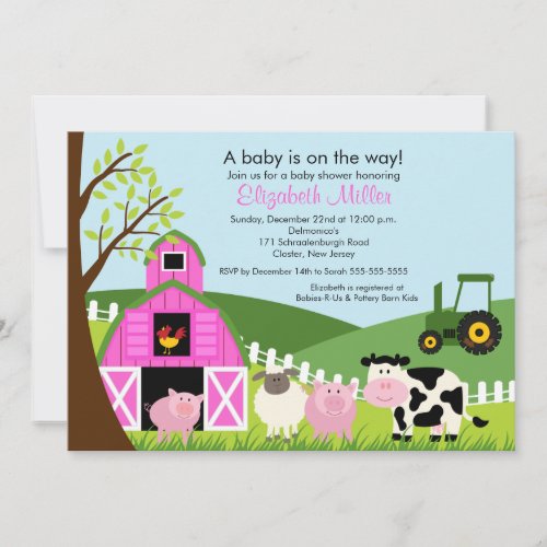 Barnyard Animals Baby Shower Invitation Pink Girl