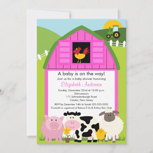 Barnyard Animals Baby Shower Invitation Pink Girls