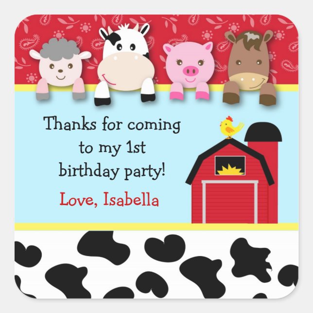 Barnyard animals Birthday Party favor labels (Front)