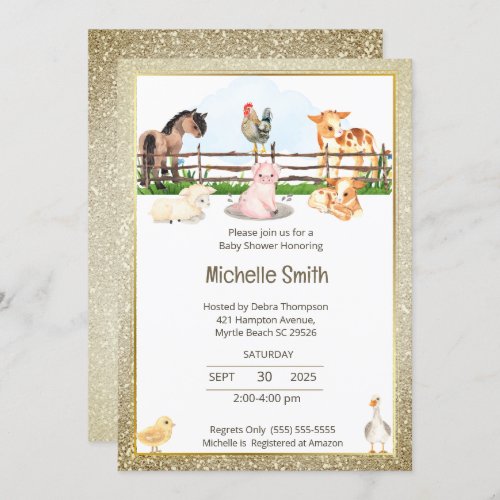 Barnyard Animals Gold Glitter Baby Shower   Invitation