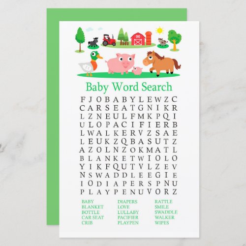 Barnyard Baby Shower Word Search Game