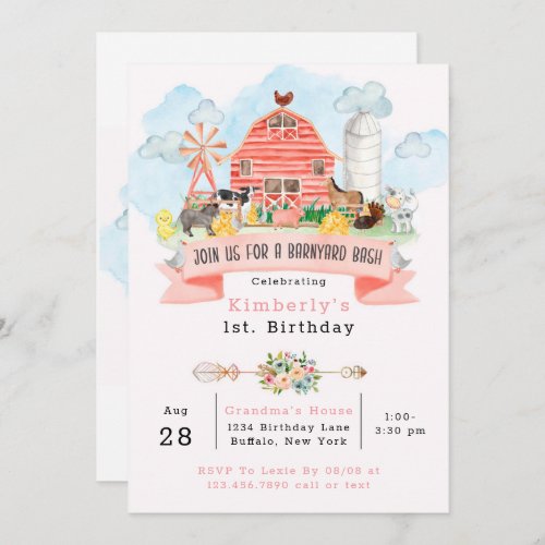 Barnyard Bash Farm Animals 1st Birthday Party Invitation