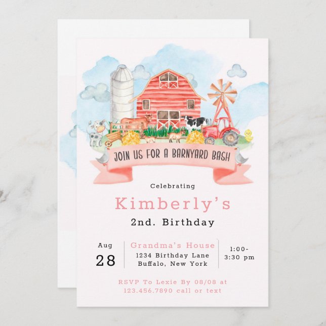 Barnyard Bash Farm Animals 2nd Birthday Party Invi Invitation (Front/Back)