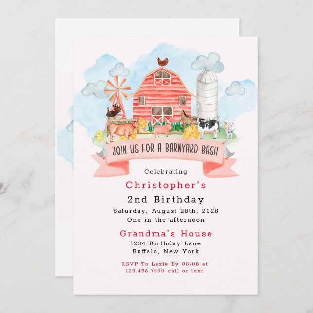 Barnyard Bash Farm Animals 2nd Birthday Party Invitation (Front/Back)