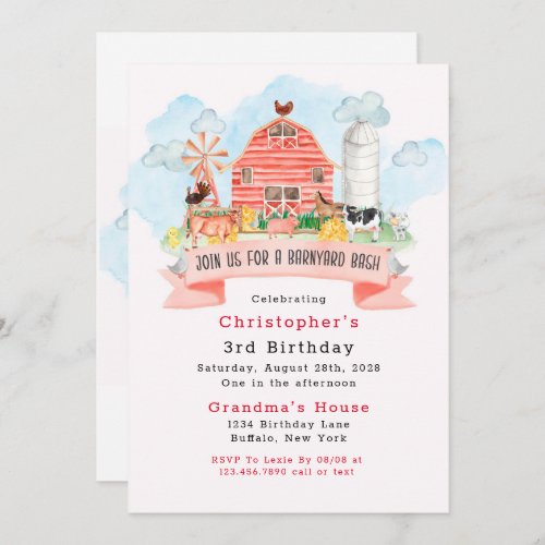 Barnyard Bash Farm Animals 3rd Birthday Party Invitation