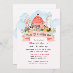 Barnyard Bash Farm Animals 4th Birthday Party  Invitation