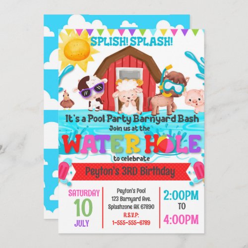 Barnyard Bash Pool Party Birthday Inviation Invitation