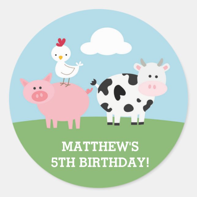 Barnyard Birthday Bash/Party Classic Round Sticker (Front)