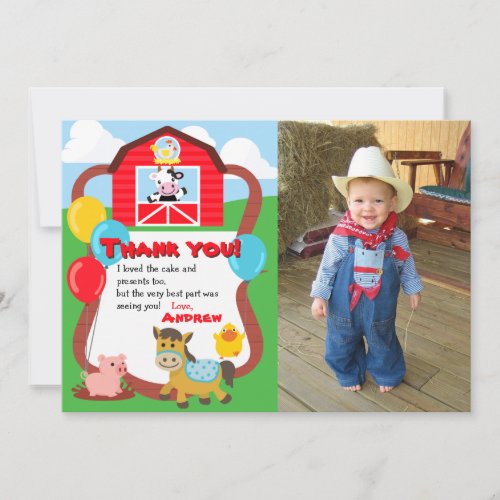 Barnyard Birthday Farm Animal Thank You with Photo