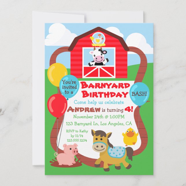 Barnyard Birthday Kids Invitation - Farm Animals (Front)