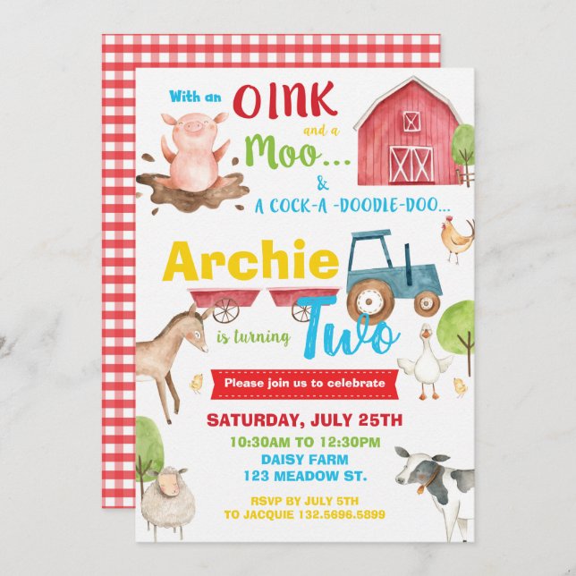 Barnyard Birthday Party Farm Animals Turning Two Invitation (Front/Back)