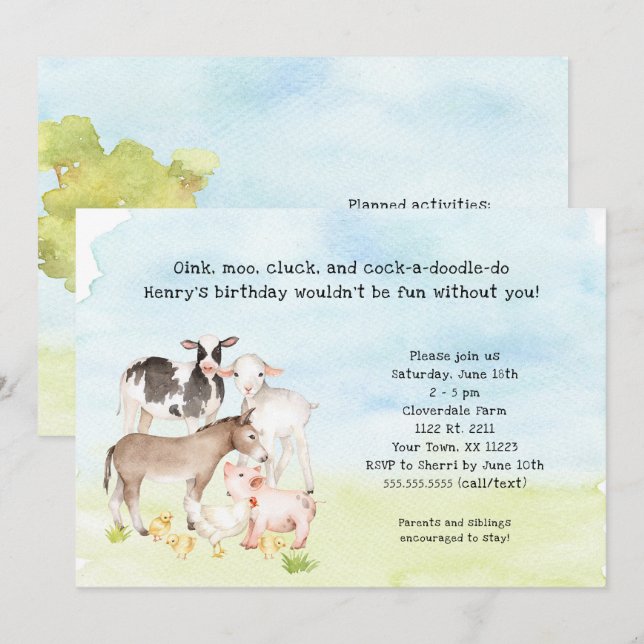 Barnyard birthday party invitation, baby animals invitation (Front/Back)